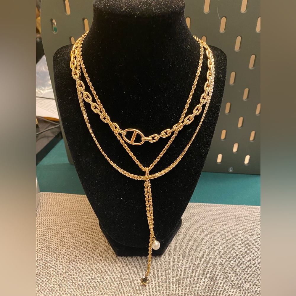 Loft Triple Strand Gold Tone Necklace with Faux Pearl and Star charms J066